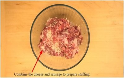 Combine the cheese and sausage to prepare stuffing