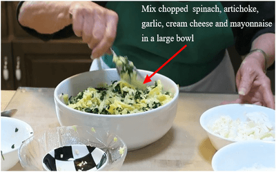 Mix chopped spinach, artichoke, garlic, cream cheese and mayonnaise in a large bowl